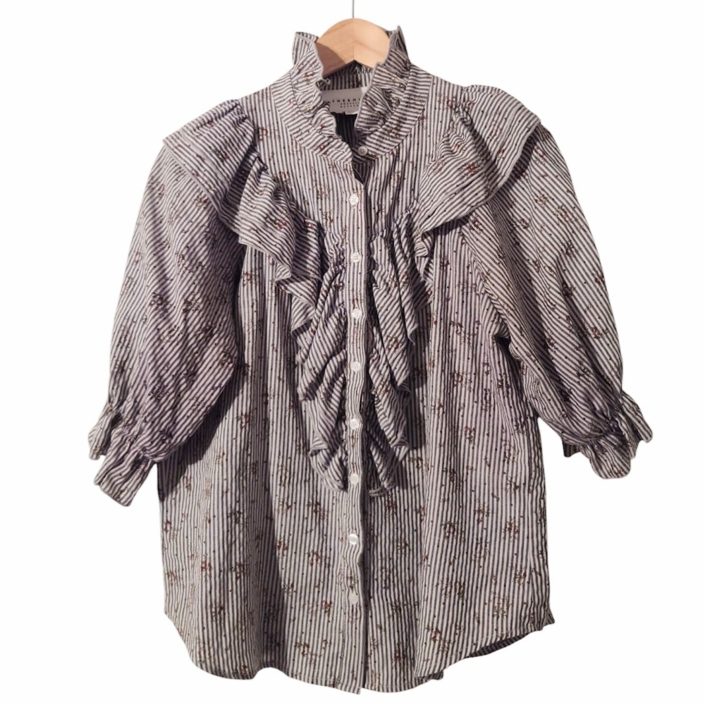 Rochelle Behrens The Shirt Button Front Ruffle Stripe Floral Cotton Blouse Shirt